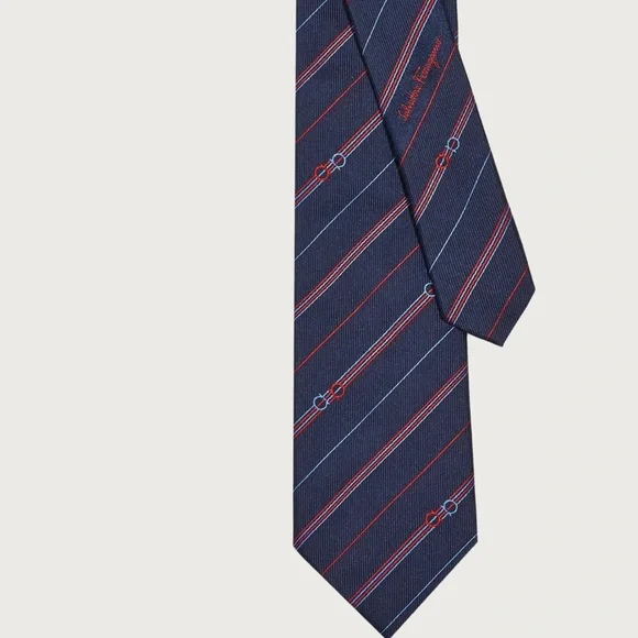 SALVATORE FERRAGAMO MENS SILK STRIPE TIE WITH LOGO NAVY BLUE NWT